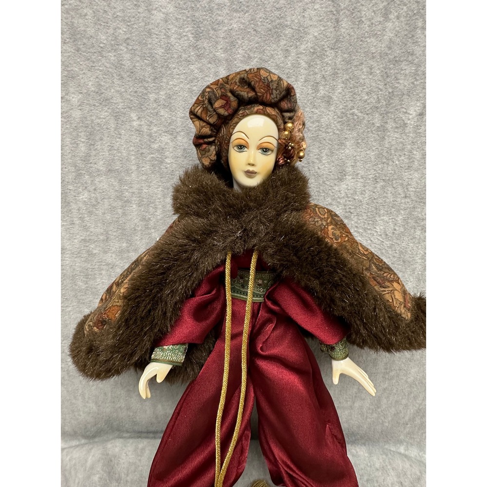 Vintage Porcelain Harlequin Doll Burgundy Satin Faux Fur Art Deco Pierrot - Picture 2 of 15